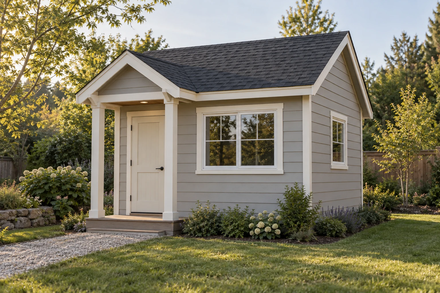 Photorealistic Backlot shed design visualization with painted lap siding, white trim, a shingled gable roof and an optional covered front porch in a garden setting