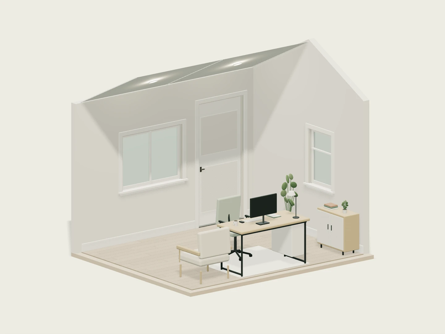 Illustrative 12 by 10 foot Backlot office interior with a vaulted ceiling, light painted walls, flooring, a desk and seating