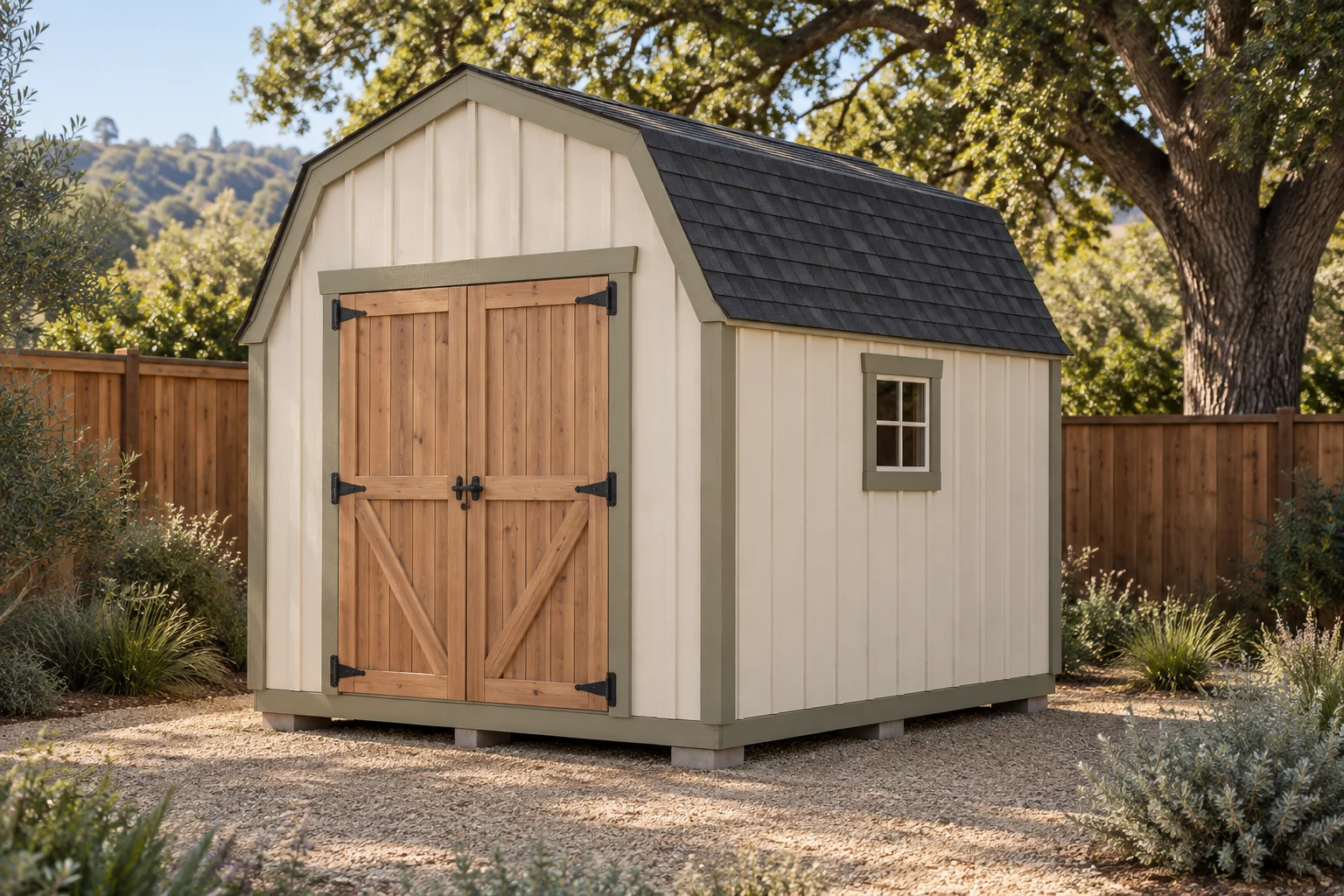 Architectural concept of Barn / Gambrel, showing the complete shed in a garden