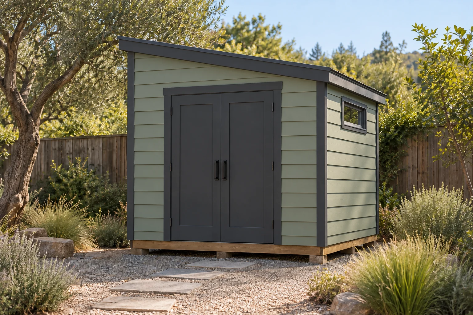 Architectural concept of Modern Single-Slope, showing the complete shed in a garden